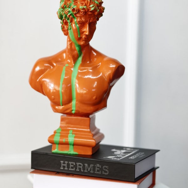 David " Orange Pop Art" Sculpture Statue, David Bust Statue, Bust, White Sculpture Gold Strip, Roman Sculpture Statues, Greek Bust Statue