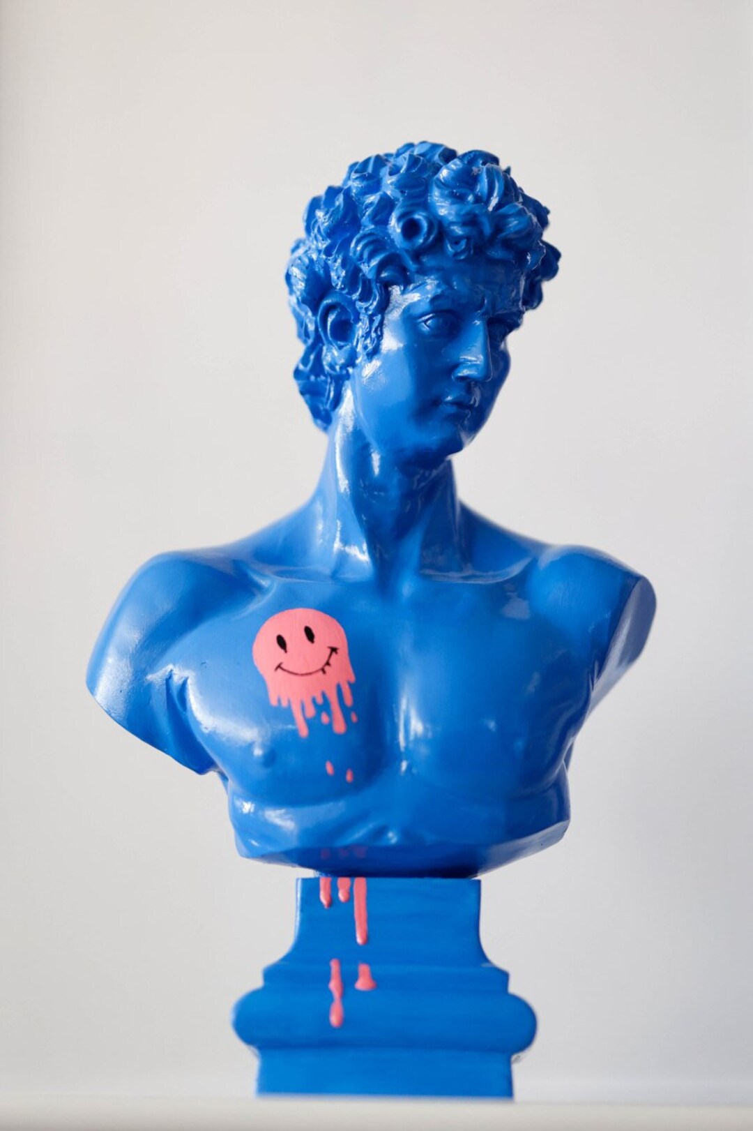 Large David Sculpture Statue, David smile Blue Pop Art, Bust, White