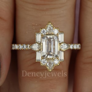 2 CT Emerald Cut Vintage Bridal Engagement Ring Baguette Wedding Ring Unique Pear Halo Ring Starburst Ring For Her Multi Stone Diamond Ring