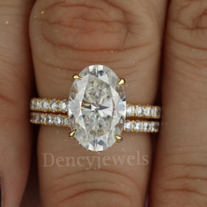 4 CT Oval Moissanite Wedding Ring Set: 14K Yellow Gold Hidden Halo Bridal Set