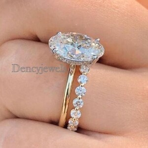 4 CT Oval Moissanite Wedding Ring Set: 14K Yellow Gold Hidden Halo Bridal Set
