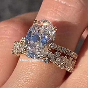 3 CT Oval Moissanite Bridal Ring Set: 14K Gold Vintage Eternity Band