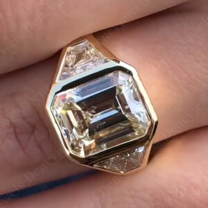 5 CT Emerald Cut Moissanite Ring: Bezel Set Three Stone 18K Gold