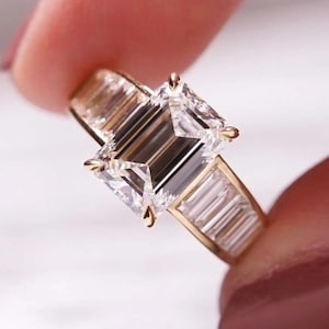 2 CT Emerald Cut Moissanite Engagement Ring: 14K Yellow Gold Baguette Channel