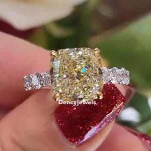 Canary Yellow Cushion Cut Moissanite Engagement Ring - 14K Gold Hidden Halo