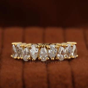 Pear Cut Moissanite Diamond Wedding Ring, 14K Solid Gold Ring, Half Eternity Ring, Anniversary Ring, Unique Engagement, Ring Gift For Her
