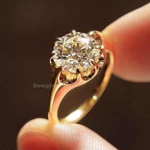 3 CT Old Mine Cut Moissanite Engagement Ring: 14K Yellow Gold 8-Prong Solitaire
