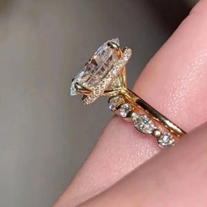 4 CT Oval Moissanite Engagement Ring: 14K Yellow Gold Hidden Halo Bridal Set