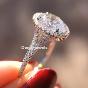 Art Deco Moissanite Engagement Ring: Oval Halo, 14k Gold Bridal Ring