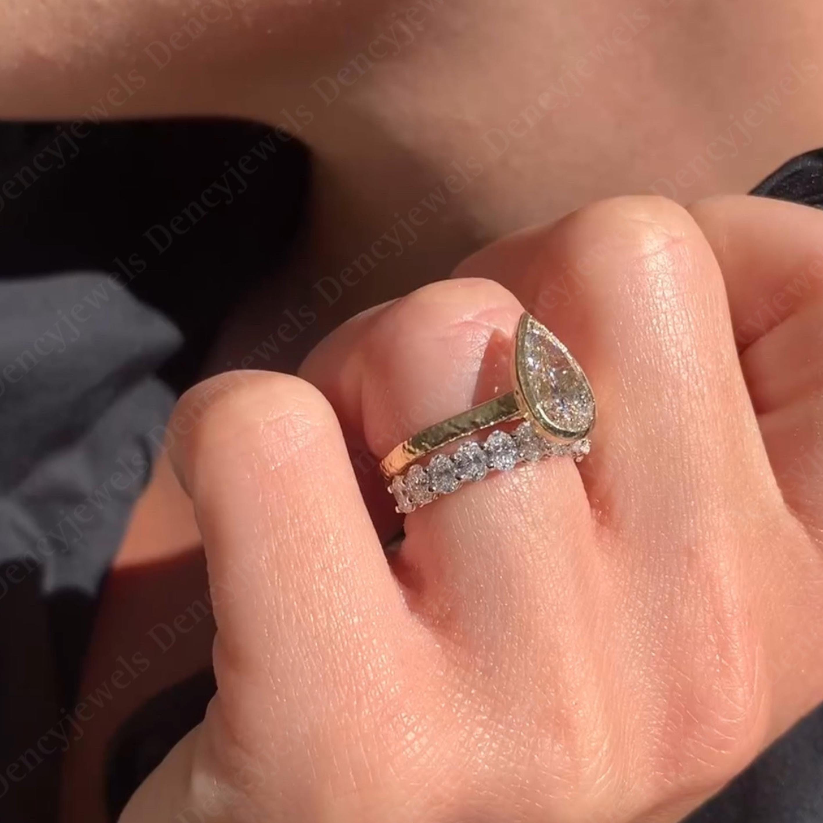 Pear Cut Moissanite Engagement Ring Set 14K Solid Gold Full Bezel Ring ...