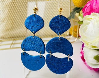 Royal blue statement earrings, Navvy big chandelier earrings, Long fashion earrings, Gift for her