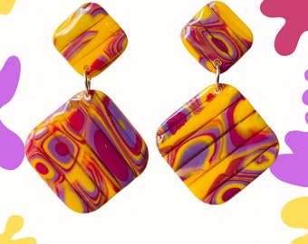 Yellow earrings, purple earrings, dangle earrings, one of a kind polymer clay earrings