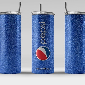 May include: Blue glitter tumbler with a Pepsi logo and a straw. The tumbler is 20 fluid ounces (592 ml).