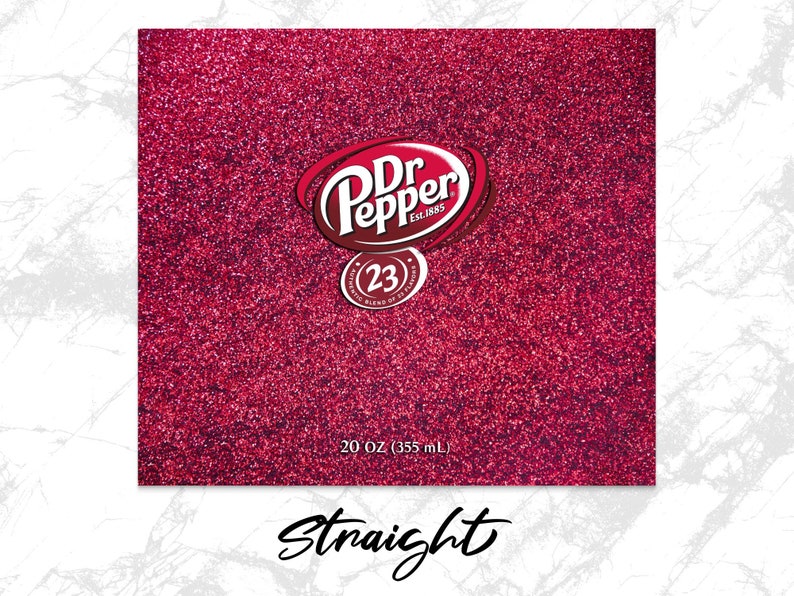K&ouml;nnte beinhalten: Ein roter, glitzernder Hintergrund mit einem wei&szlig;en Dr Pepper-Logo und dem Text "23" in einem Kreis. Der Text "20 oz (355 ml)" und "straight" ist ebenfalls sichtbar.