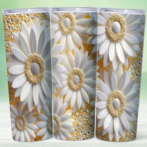 3D White Floral Botanical 20 oz Skinny Tumbler Sublimation Design, 3d Sunflower ,Straight And Tapered Tumbler Wrap ,Digital Download PNG
