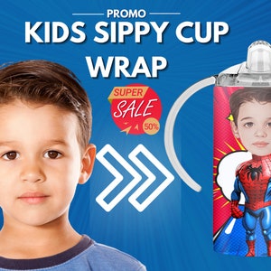 May include: A white sippy cup with two handles and a clear lid. The cup is wrapped with a colorful design featuring a cartoon superhero in a red and blue suit. The text "SUPER SALE 50%" is visible in the image.