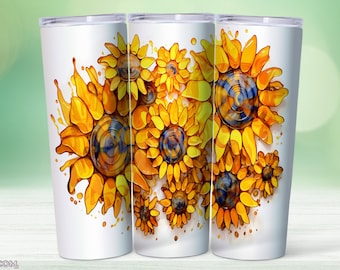 3D Sunflowers 20 oz Skinny Tumbler Sublimation Design, 3d flowers Straight And Tapered Tumbler Wrap, Instant Digital Download PNG