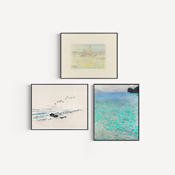 Printable Wall Art, Set of Three Prints, Nautical Seascapes Gallery Wall, Aqua Ocean Art, Digital Download, Bathroom Wall Decor Artwork