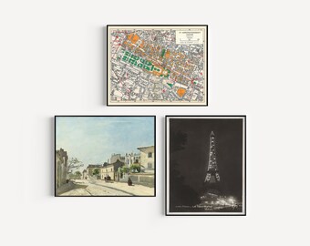 Paris City Gallery Wall Set of Three Prints, Digital Download, Map Print