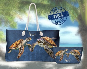 Sea Turtle Friends Canvas Beach Bag & Optional Matching Accessory Pouch