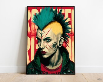 Lady Punk - punk poster, punk print, gift for punk girl, punk art, punk girl drawing, red wall art
