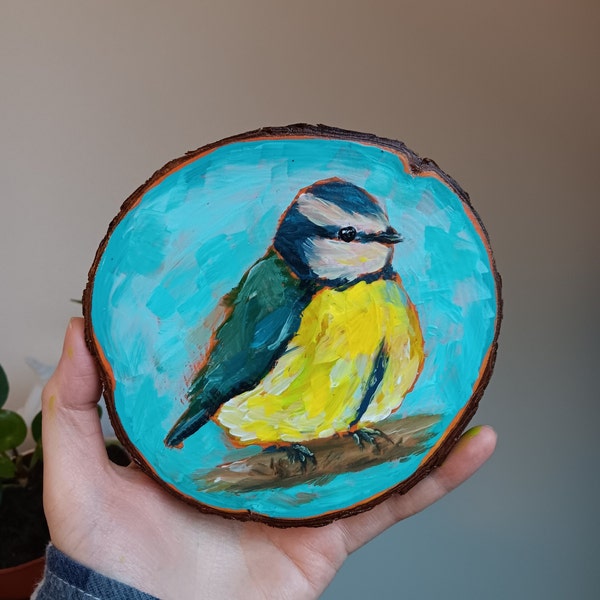 Bluetit painting - bird bird wood wall art