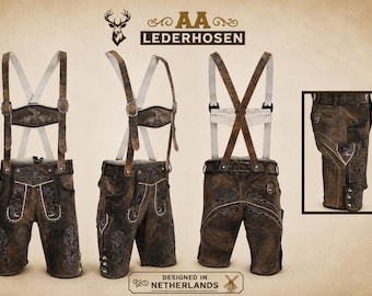 May include: Dark brown leather lederhosen featuring intricate embroidery, adjustable suspenders with metal buckles, and a front drop-front flap. The garment includes side pockets and leg buttons. Text reads AA LEDERHOSEN and DESIGNED IN NETHERLANDS.