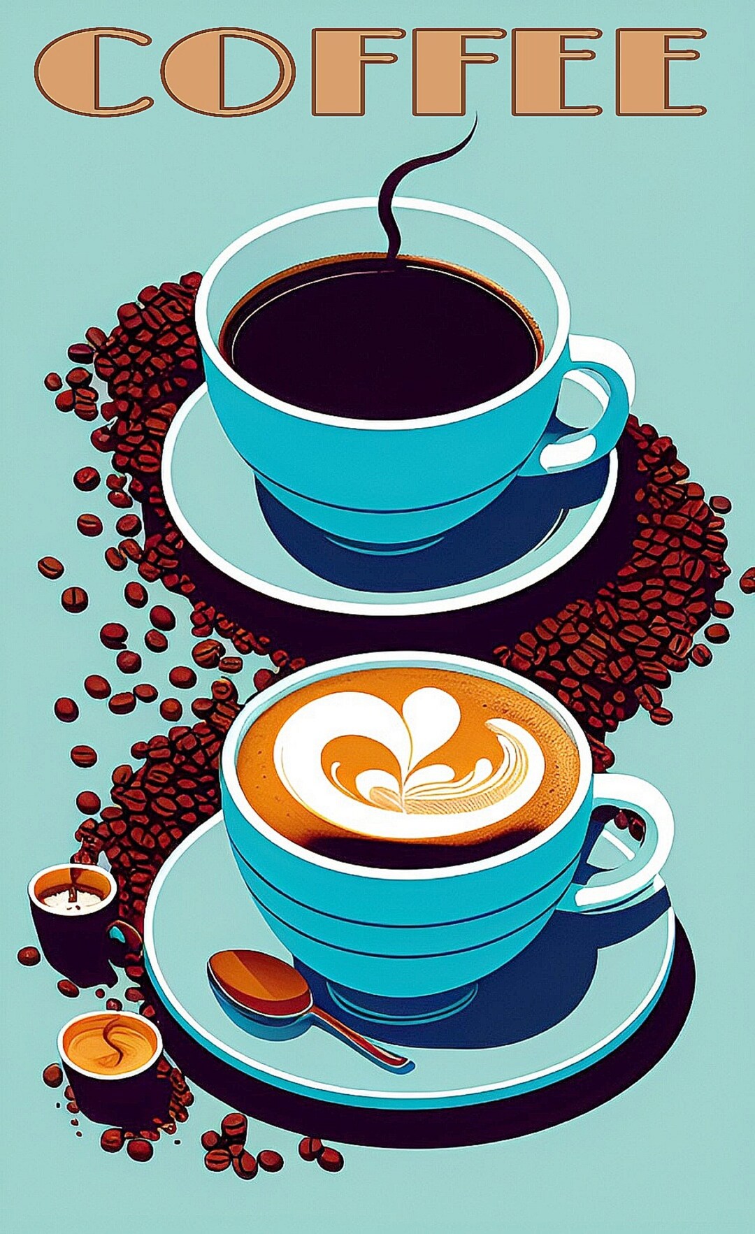 Coffee Cups and Beans Retro Style Poster Wall Art Kitchen Etsy