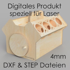 May include: A wooden storage box with a hinged lid and a round cutout on the side. The box has a series of slots on the top for holding items. The text "Digitales Produkt speziell für Laser" and "4mm DXF & STEP Dateien" is printed on the image.