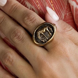 Anel oval de bronze para cavalo – Joia equestre de estilo antigo, anel de sinete com talismã animal vintage, presente de amuleto de força e liberdade para cavaleiros