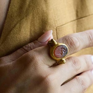 Carnelian Intaglio Ring Ancient Roman Style, Bronze Statement Ring for Women, Mythological Jewelry, Unique Historical Gift
