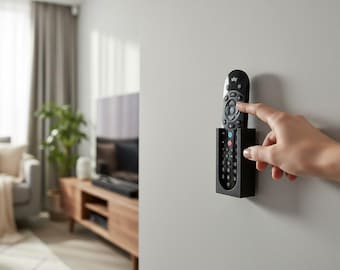 May include: A black plastic wall-mounted remote control holder containing a black Sky remote control with numerous buttons, including a circular navigation pad and a prominent Sky logo at the top, secured to a smooth, light grey interior wall.