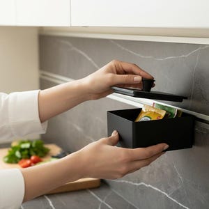 Op de afbeelding: Een matzwarte rechthoekige opbergdoos met bijpassend deksel, ontworpen voor wandmontage. De container is open en toont kleine kleurrijke voedselzakjes aan de binnenkant. De doos heeft een eenvoudig, strak ontwerp met een kleine knop op het deksel.