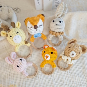 Animal Rattle with Babies Name, Personalized Baby Rattles, Engraved Crochet Toy Rattle With Name For Baby,Baby Shower Gift,Newborn Gift