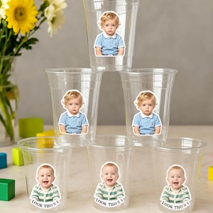 Personalized Birthday Photo Cups 16oz, Custom Plastic Cups with Face Picture, Vintage Est Year Party Decorations, Birthday Favor Supplies