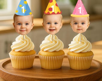 Décorations de cupcakes avec photo de visage personnalisée, choix de chapeaux de fête personnalisés pour le premier anniversaire de bébé, événements marquants et toute célébration