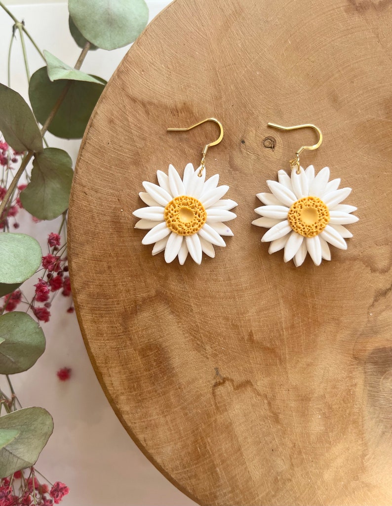 Handmade Daisy Earrings in Polymer Clay Gold