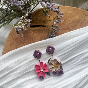 Flower earrings 1 handmade in polymer clay Purple
