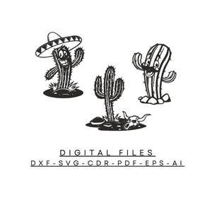 Peut inclure: Une illustration graphique en noir et blanc représentant trois cactus distincts, dont un portant un sombrero et un autre avec une moustache, ainsi qu'un crâne de bœuf. Le texte indique DIGITAL FILES DXF-SVG-CDR-PDF-EPS-AI.