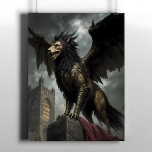 Gothic Griffin Wandbild - düstere Fantasy Kreatur Poster, mittelalterlicher Mythos Tierdruck, atmosphärisches Renaissance Wohndekor