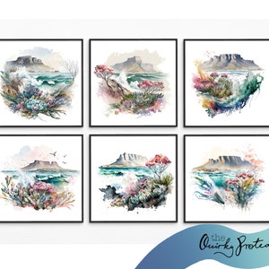 Set di 6 Table Mountain Acquerello, Quadrato, Download digitale, Clipart, Sud Africa, Città del Capo, Acquerelli, AI, Protea e oceano, Onde