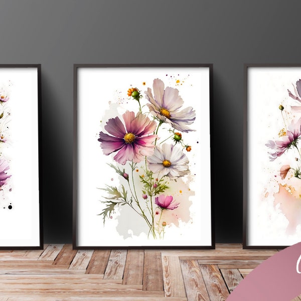 Set of 3 Cosmos watercolour,Digital Download,Bedroom, Blush Pink, Prints, Wall Decor, Floral Art, AI, Botanicals, South African Flowers