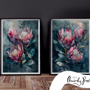 Impresiones de acuarela de Protea: Arte mural floral en tonos oscuros (Descarga digital)