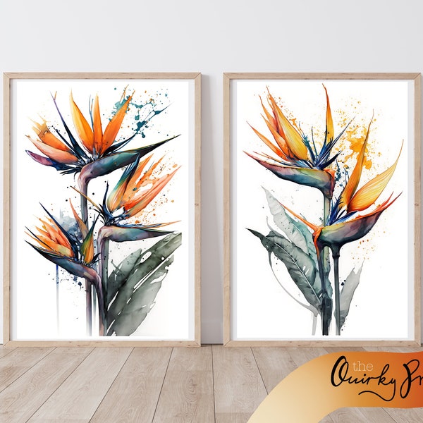 Set of 2 Strelitzia Watercolour, Bird of Paradise Flower, Portrait Digital Prints, Digital Download, Watercolour style, South Africa flower