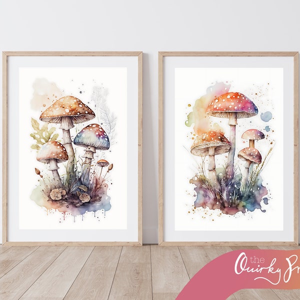 Toadstool watercolour set of 2, Fungi Print, Digital Prints, AI, Midjourney, Digital Download, 300DPI, Mushroom Watercolour style