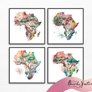 Conjunto de 4 acuarelas de mapa de África, descarga digital, África, mapa, flor y árbol, impresiones, arte floral, AI, Sudáfrica, imágenes prediseñadas