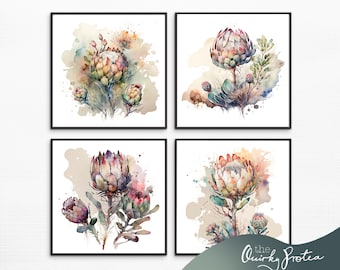 Protea Watercolor Print Set: Blush Pink Floral Wall Art (Digital Download)