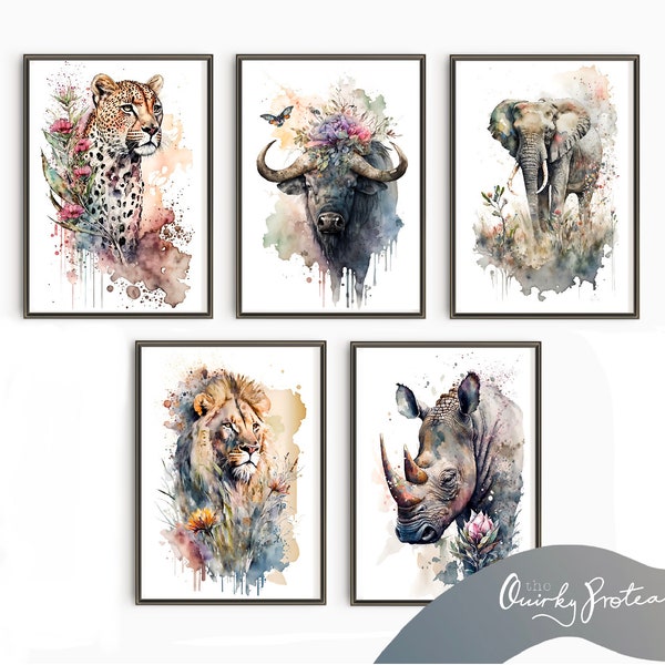 Big Five Aquarell, Digital, Big 5, Digitaldruck, Tierkunst, AI, Südafrika, Löwe Aquarell, Nashorn, Safari, Wild Life, Löwin