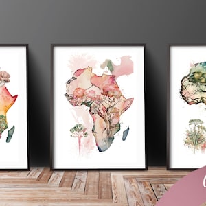 Conjunto de 3 acuarelas de mapas africanos, descarga digital, decoración de pared, contorno, sudafricano, diseño de Protea, imágenes prediseñadas, ilustración de mapa, AI
