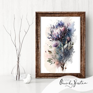 Protea Prints, watercolour, Digital Download, Decor, Purple, Poster, Prints, Wall Decor, Floral Art, AI, South Africa, Africa Art